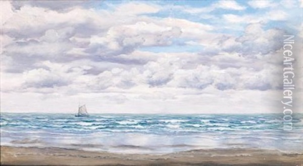 Gathering Clouds, A Fishing Boat Off The Coast Oil Painting - John Brett
