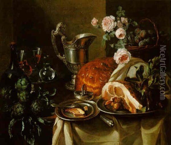Still Life Of A Ham On A Pewter Plate, Artichokes, Wine Botte, Silver Jug.......all On A Table Draped With White Cloth Oil Painting - Alexandre Francois Desportes