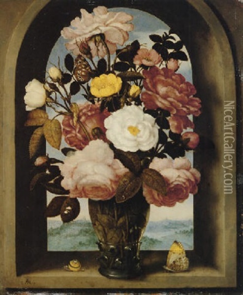A Still Life Of Roses In A Berkemeijer Glass, With Butterflies And A Snail, In An Arched Stone Window With A Landscape Beyond Oil Painting - Ambrosius Bosschaert the Elder