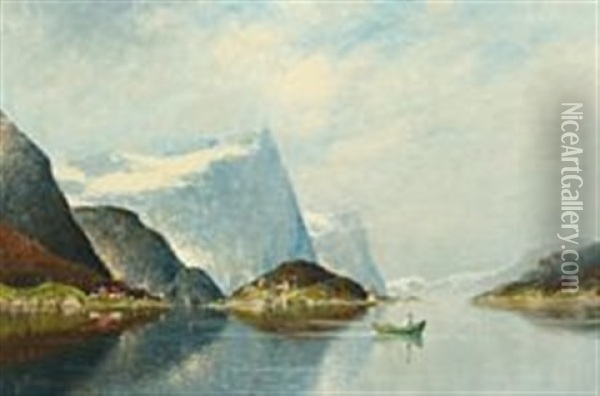 Scenery From A Norwegian Fiord With A Man In A Rowboat Oil Painting - Johann Jungblut