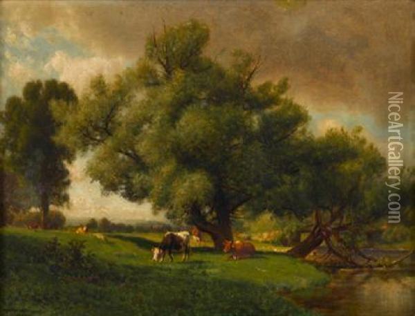 Landscape With Grazing Cows Oil Painting - William Howard Hart