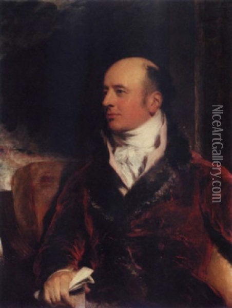Portrait Of James Perry Wearing A Red Coat Edged With Fur And Holding Papers Oil Painting - Thomas Lawrence