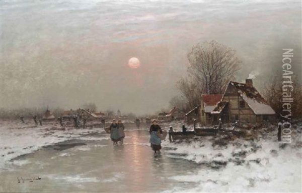 Dutch Peasants On A Frozen Waterway At Sundown Oil Painting - Johann Jungblut