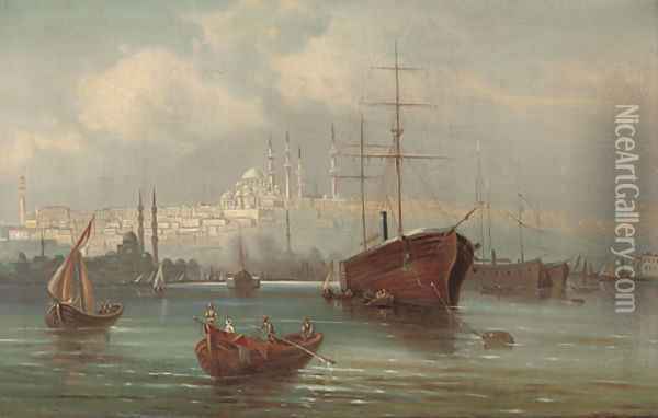 Trading vessels before a mosque on the Golden Horn Oil Painting - Karl Kaufmann