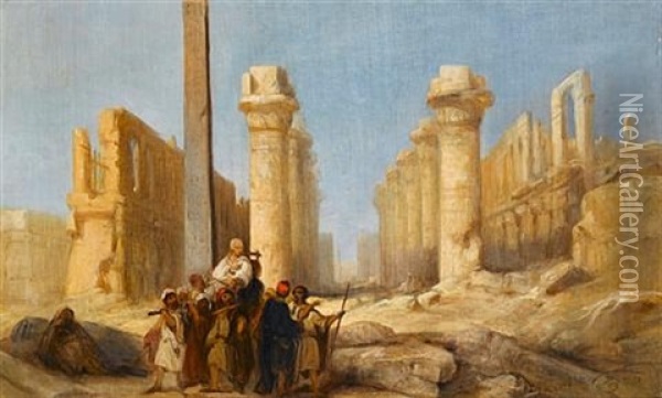 A Gentleman On The Grand Tour, Inspecting The Ruins At Karnak Oil Painting - Jacob Jacobs