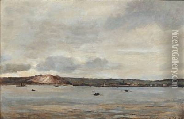 Coastal Scene From Cherbourg With Among Others A Danish Roawing Boat Oil Painting - Carl Frederick Emmanuel Larsen