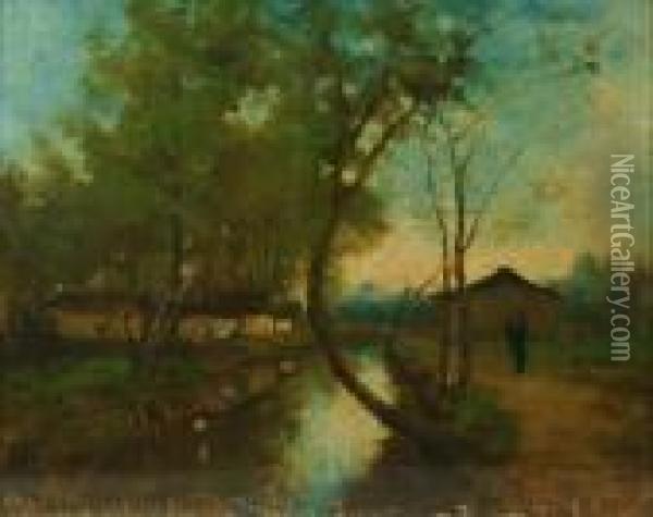 A Figure And Buildings On The Bank Of A River Oil Painting - Jean-Baptiste-Camille Corot