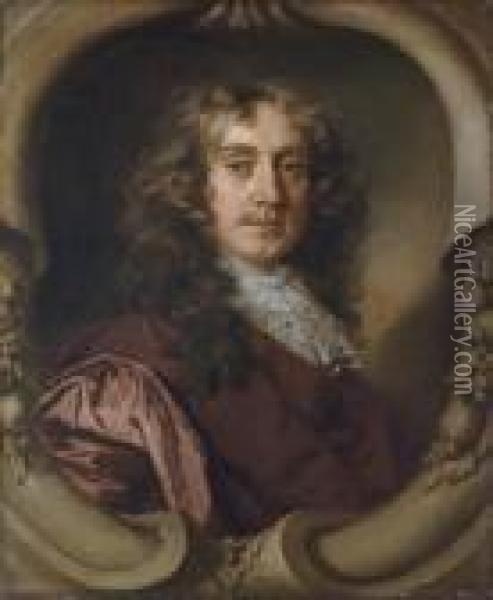 Portrait Of A Gentleman, 
Half-length, In A Brown Coat And Mechlin Lace Cravat, In A Sculpted 
Cartouche Oil Painting - Sir Peter Lely