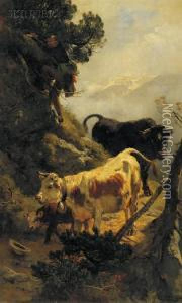 Cattle Coming 'round The Mountain Oil Painting - Carl Roux