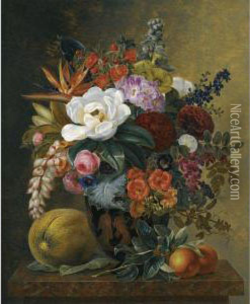 Exotic Blooms In A Grecian Krater With Fruit On A Marble Ledge Oil Painting - Johan Laurentz Jensen