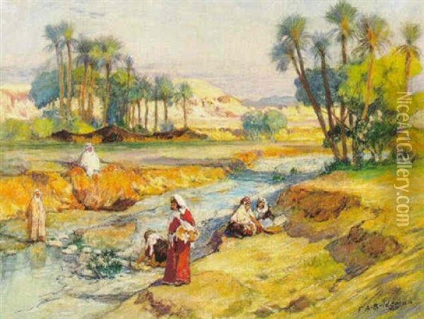 Washerwomen Along A River Oil Painting - Frederick Arthur Bridgman
