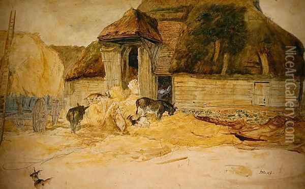 Animals Before a Thatched Barn Oil Painting - James Ward
