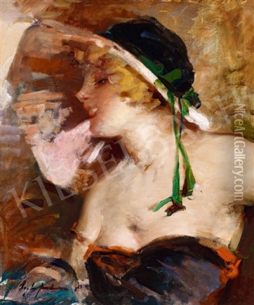 Blonde Girl In A Hat Oil Painting - Bertalan (Bartholomaus) Vigh