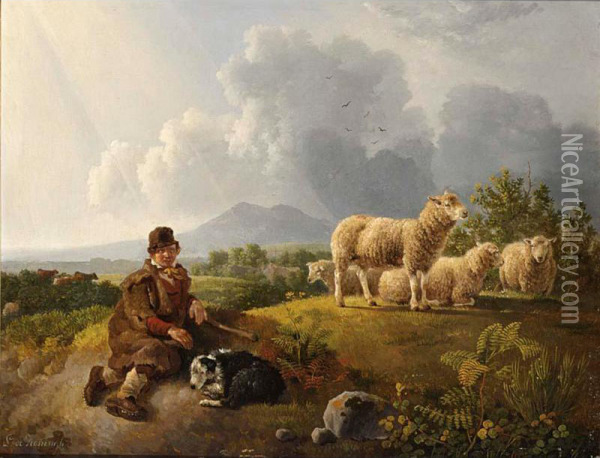 A Young Shepherd With His Flock Oil Painting - Leendert, De Koningh Jnr.