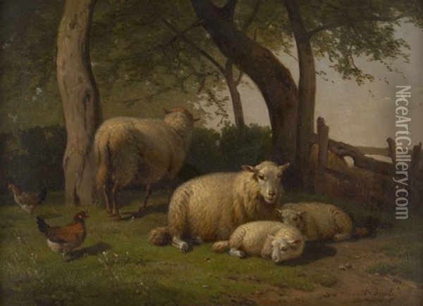 Moutons Et Poules A La Barriere Oil Painting - Henri De Beul