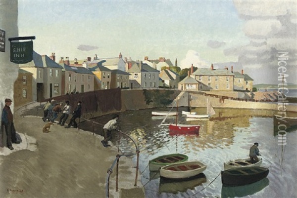 Mousehole Harbour Oil Painting - Harold Harvey