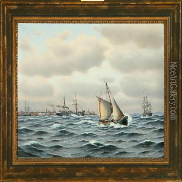 Ships On The Sound Athelsingor Oil Painting - Johann Jens Neumann