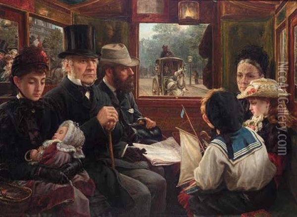 An Omnibus Ride To Piccasilly Circus - Mr. Gladstone Travelling With Ordinary Passengers Oil Painting - Alfred Morgan