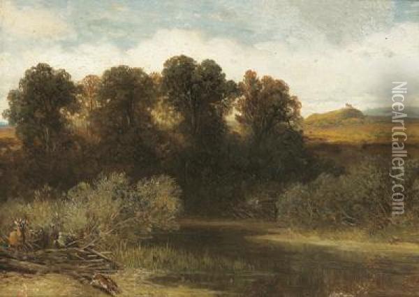 Kleine Landschaft Mit Fluchtigem Wild Oil Painting - August Albert Zimmermann