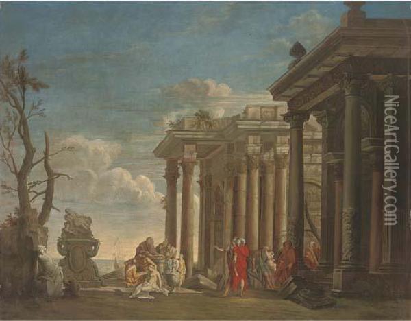 A Capriccio Of Roman Ruins With Classical Figures By An Altar Oil Painting - Giovanni Ghisolfi
