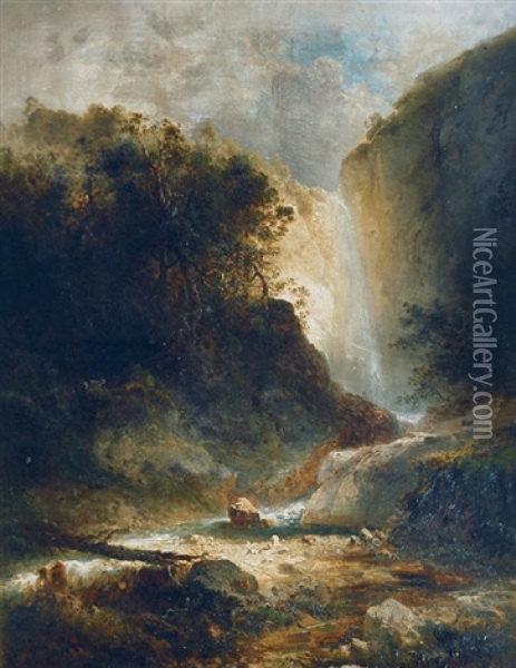 Falls In The Tyrolean Mountains Oil Painting - Ferdinand Feldhuetter