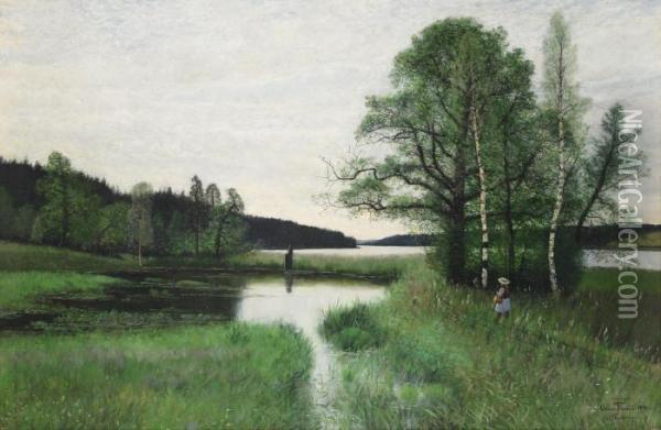 Sommarlandskap Med Promenerande Flicka Oil Painting - Oscar Emil Torna