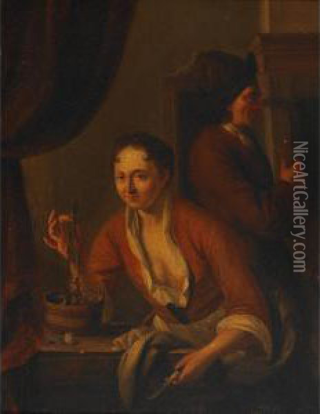 Lady Holding A Herring While A Visitor Savours The Toast Oil Painting - Dominicus van Tol