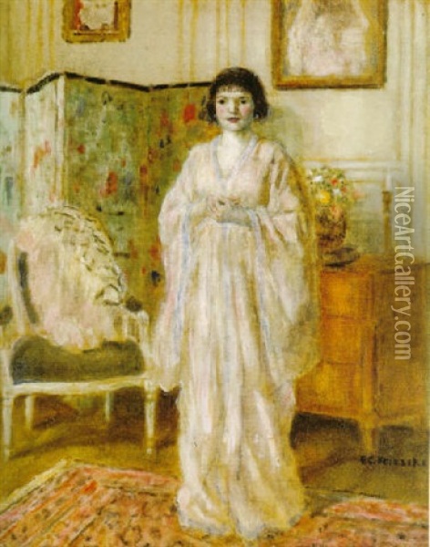 Interior No.5 (model Before A Screen) Oil Painting - Frederick Carl Frieseke