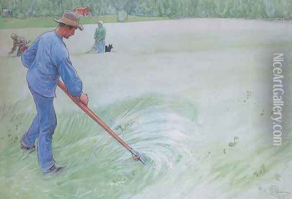 Mowing The Oats Oil Painting - Carl Larsson
