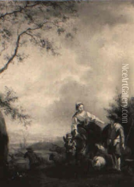 Peasant Woman On A Donkey With Shepherds In A Capriccio Landscape Oil Painting - Michiel (Carree) Carre