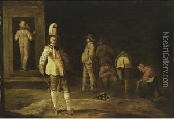 A Kortegaardje, Soldiers And Peasants Gathered Around A Fire In A Barn Oil Painting - Pieter Jansz. Quast