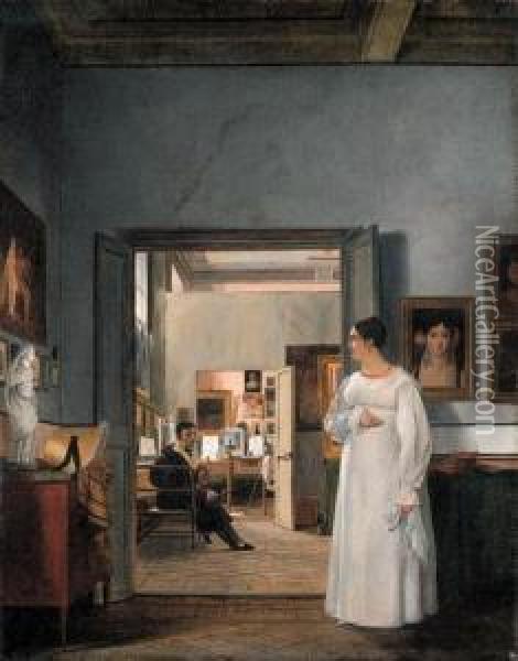The Atelier Of Ingres In Rome Oil Painting - Jean, Le Romain Alaux