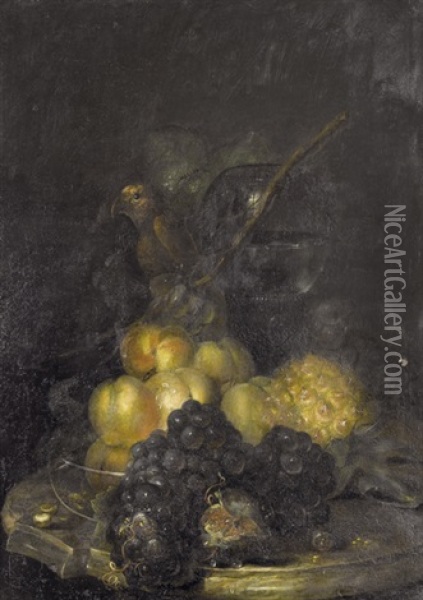 Fruchtestillleben Mit Rotem Vogel Und Glasschale Oil Painting - Catharina Ijkens