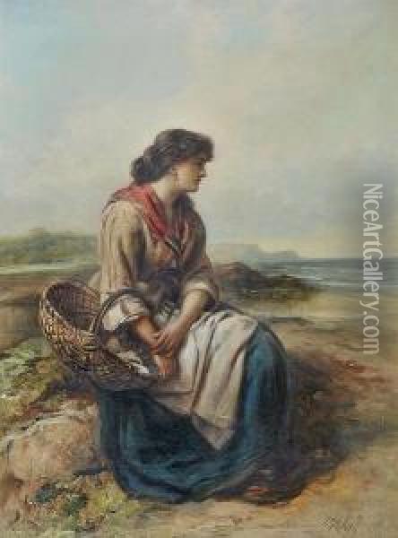 Girl With Basket Seated By The Shore, Signed, Oil On Canvas Oil Painting - Thomas Kent Pelham