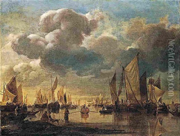 Dutch Shipping Offshore In A Calm, With A Dignitary Being Conveyed In A Rowing Boat To A States Yacht Oil Painting - Hendrik Jacobsz Dubbels