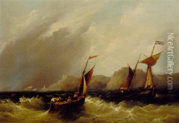 Small Craft Off A Rocky Coastline Oil Painting - Frederick Calvert