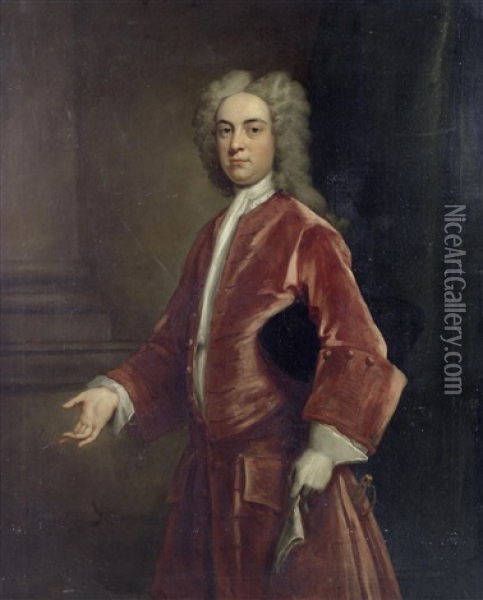 Portrait Of A Gentleman, Three-quarter-length, In A Red Velvet Coat, Standing Before A Column Oil Painting - John Vanderbank the Younger