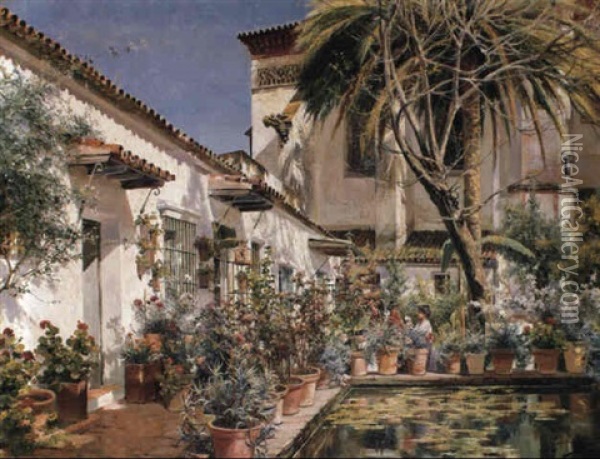 A Sunny Garden, Seville Oil Painting - Manuel Garcia y Rodriguez