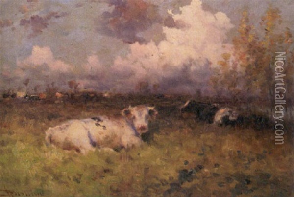 Cows In A Pastoral Landscape Oil Painting - Henry Singlewood Bisbing