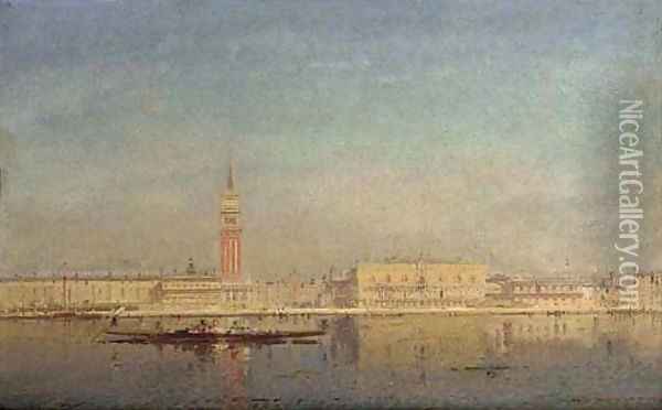 A gondola on the lagoon before Piazza St. Marco Oil Painting - Henri Duvieux