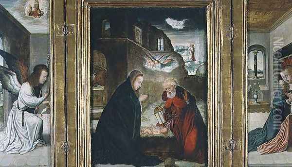The Birth of Christ Triptych with the Nativity flanked by the Annunciation Oil Painting - Flandes Juan de