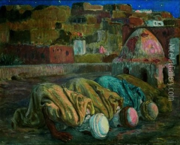 Priere Sur Une Terrasse A Bou-saada (ou Es-sojoud) Oil Painting - Alphonse Etienne Dinet