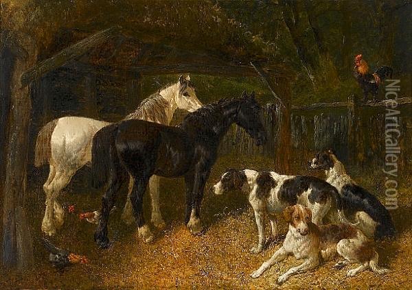 Farmyard Scene With Horses And Dogs Oil Painting - John Frederick Herring Snr