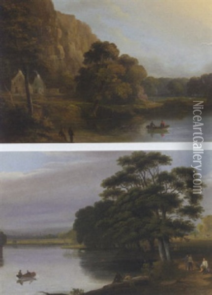 A River Landscape With Bathers And A Rowing Boat Oil Painting - Joseph Rhodes