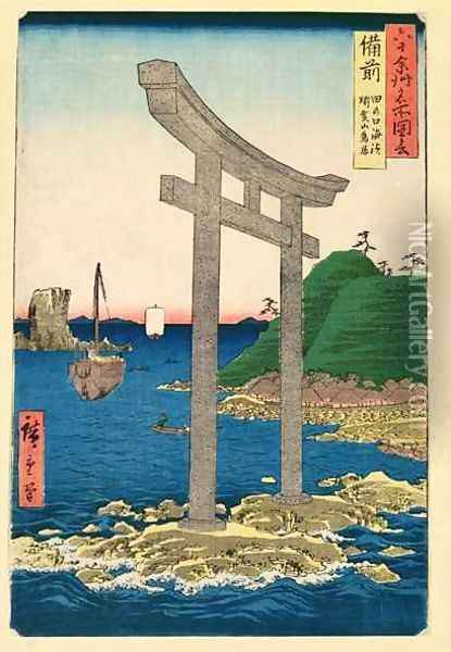 The Beach at Tanookuchi with the Archway of Yugasan Temple Bizen Province Oil Painting - Utagawa or Ando Hiroshige