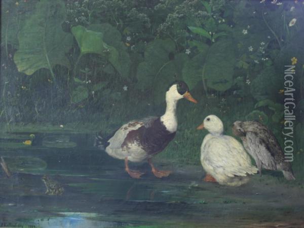 Ducks By A Pool Signed And Dated 1889 Oil Painting - Anders Kallenberg
