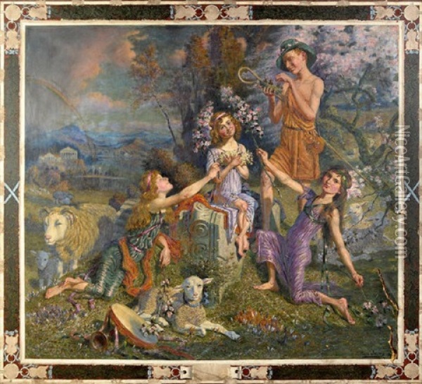 An Arcadian Scene Incorporating Portraits Of The Son And Three Daughters Of The Rev. Thomas Wilson With Grecian Temple, A Rainbow And Apple-blossom Oil Painting - William Irving