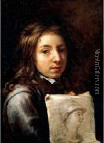 Portrait Of A Young Artist, Head And Shoulders, Holding A Drawing Possibly Of Minerva Oil Painting - Michiel Sweerts