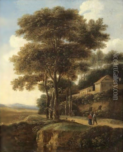 Figures On A Road Below A Villa Oil Painting - Pieter Jansz. van Asch
