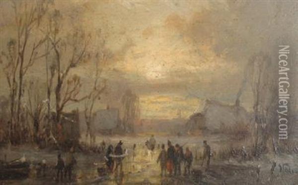 Winter Landscape With Figures Oil Painting - Adolf Stademann